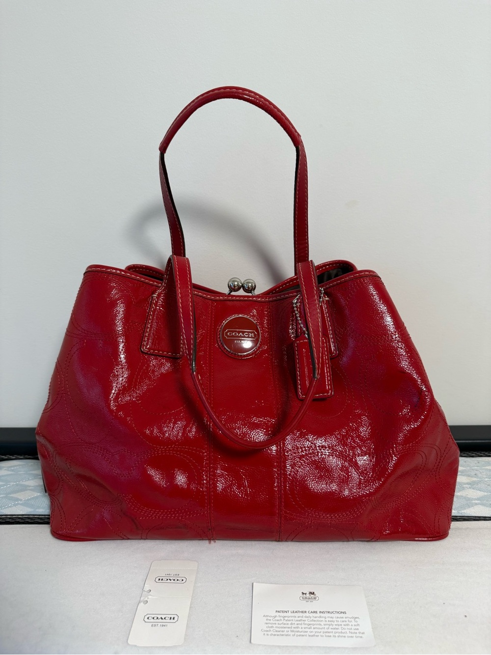 Coach Signature Red Patent Leather Tote F15658